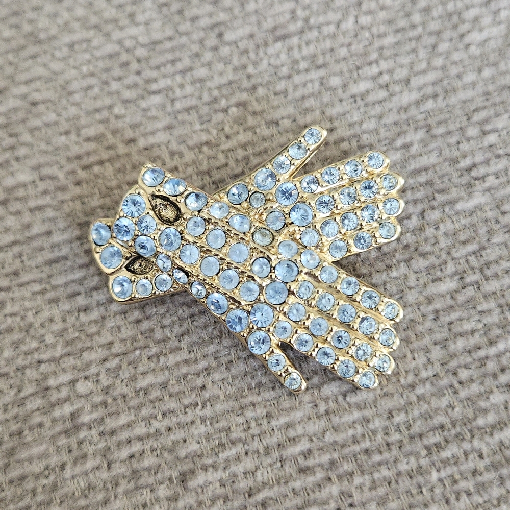 Vintage Monet Gold Tone Blue Rhinestone Crossed Ladies Gloves Brooch